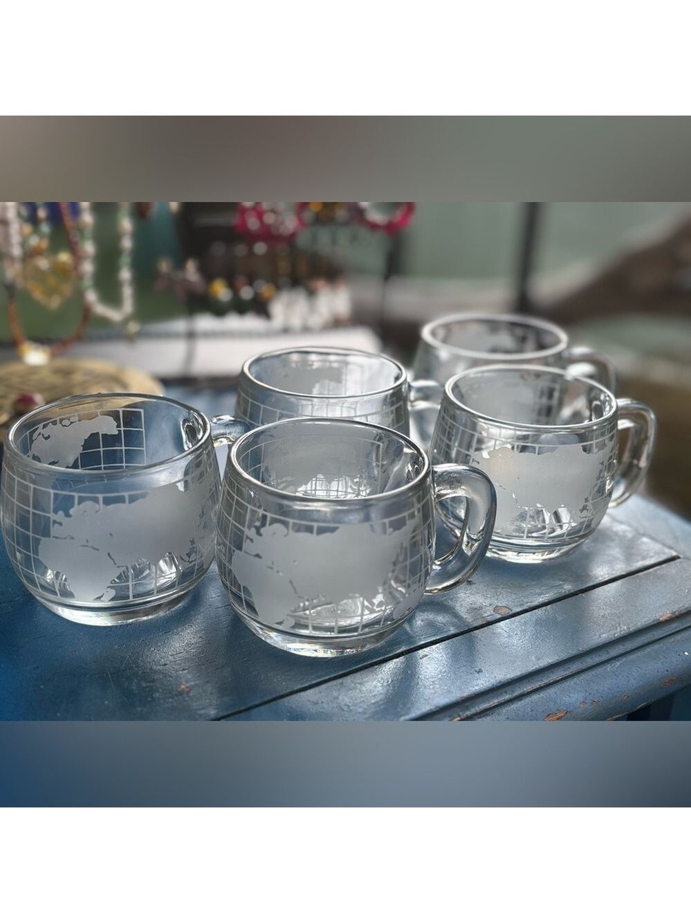 Vintage Nescafé Thick Etched Glass World Map Set of 5 Globe Mugs | 1970s Retro 🌎 - Picture 7 of 13